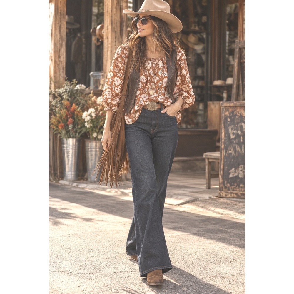 Free People top floral off shoulder country beth dutton fall floral layer m/l ec